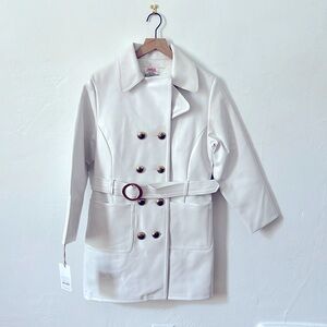 Vintage Charles of California vinyl white jacket with brass buttonss and belt